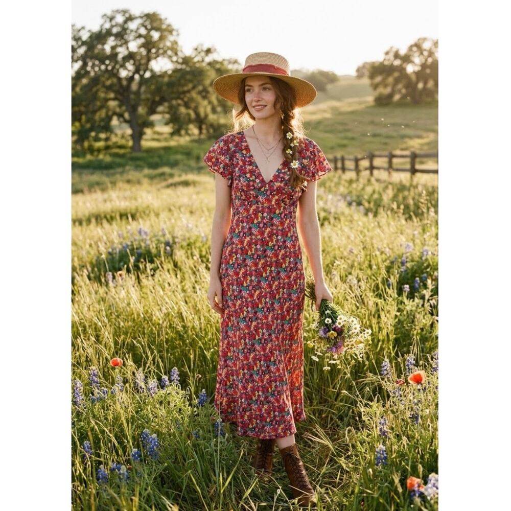 Rails Kenz Midi Dress Scarlet Floral Size Large boho chic romantic Cottage core